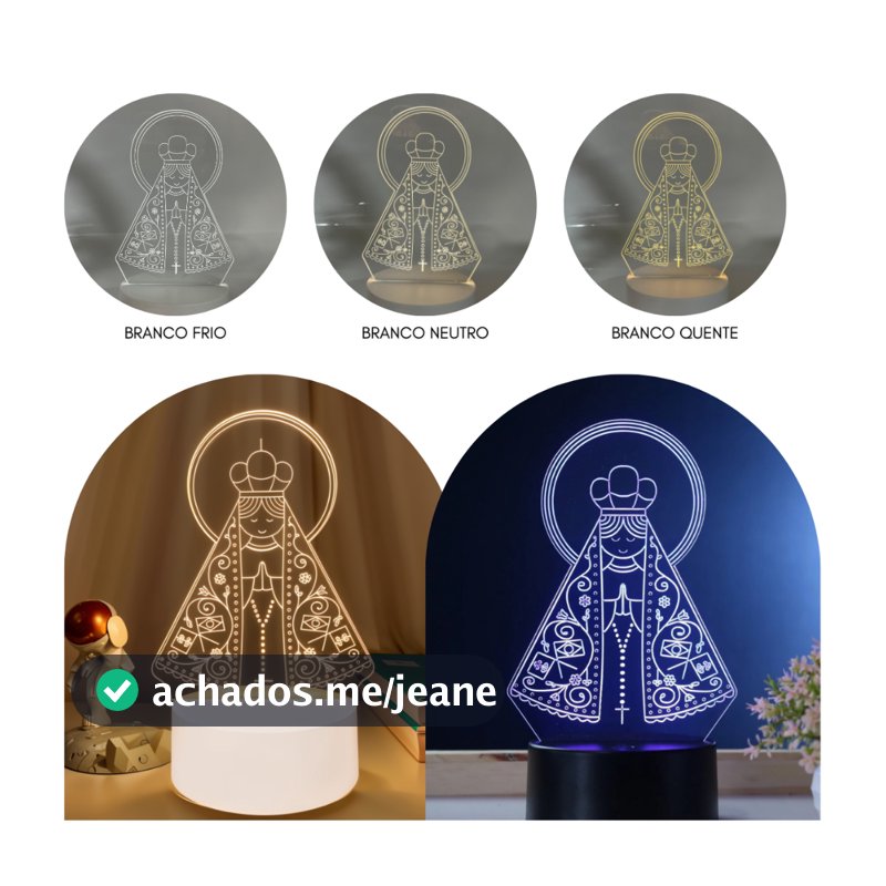 Luminária Abajur De MesaTomada Led 3d Nossa Senhora Aparecida Base Branca e Preto