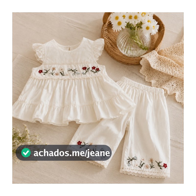 Conjunto De Roupas Bordadas Florais Para Bebês Meninas , De Verão Crianças Pequenas , Sem Mangas , Top Com Babados + Cal