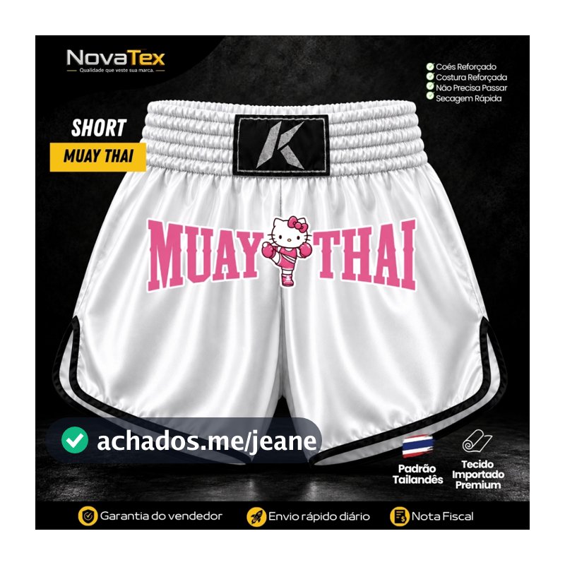Short Muay Thai Feminino Hello Fighter Branco Estampado Microfibra Cós Reforçado Secagem Rápida