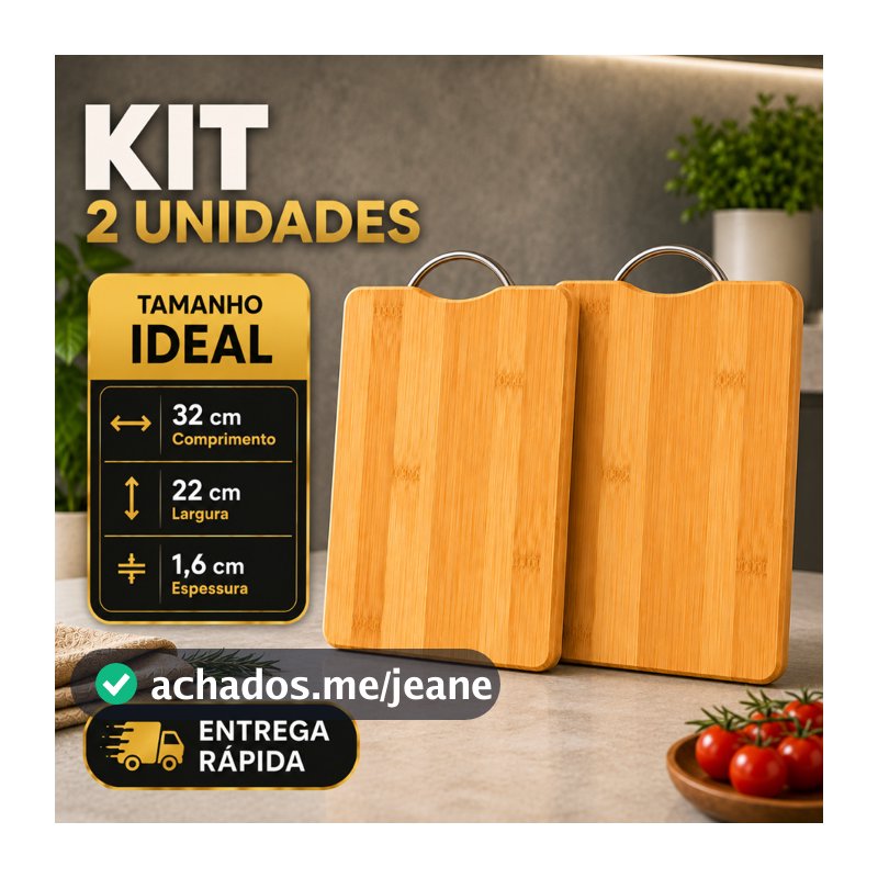 Tábua de Bambu com Alça em Aço Lisa Antibacteriana Premium 32x22x1,6cm Retangular Corte Cozinha Gourmet