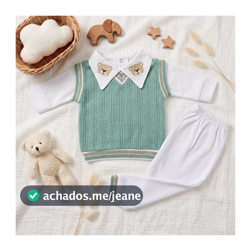 Conjunto Pagão Suéter Gola Bordada Bebê | Suéter + Body + Calça | Masculino | Tamanho Único RN