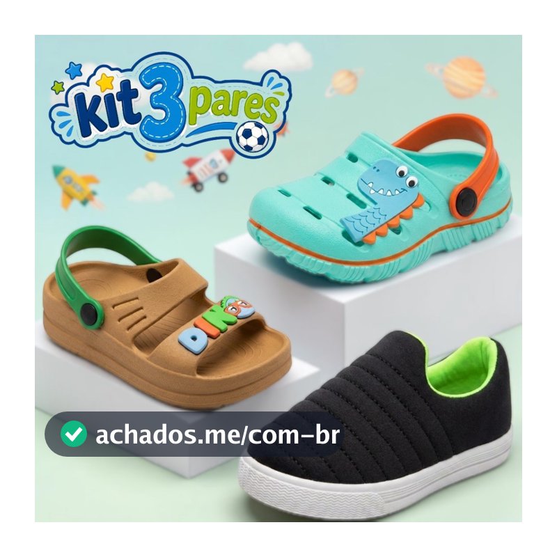 Kit 3 Pares Menino Infantil Babuche Tênis Calce Facil Confortável