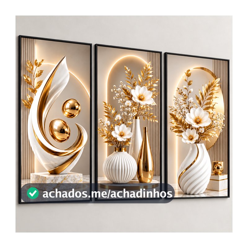 Quadro Decorativo 3 Peças Abstrato Geométrico Vasos Dourados Sala Quarto Escritório