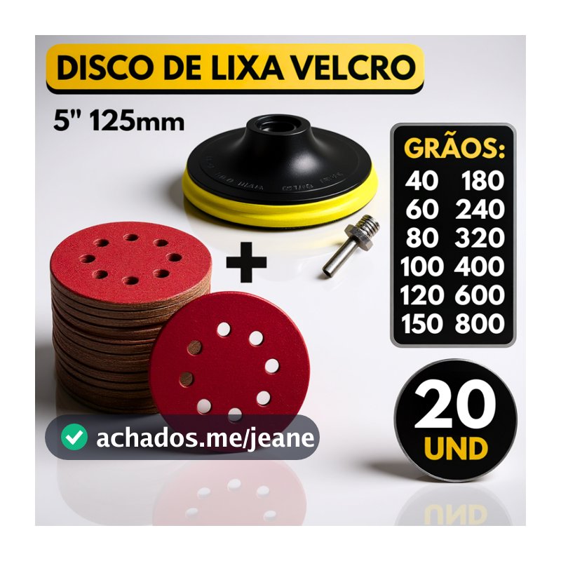 Kit Base Suporte Disco 125mm + 20 Lixas 8 Furos Com Velcro 5" Furadeira Esmerilhadeira