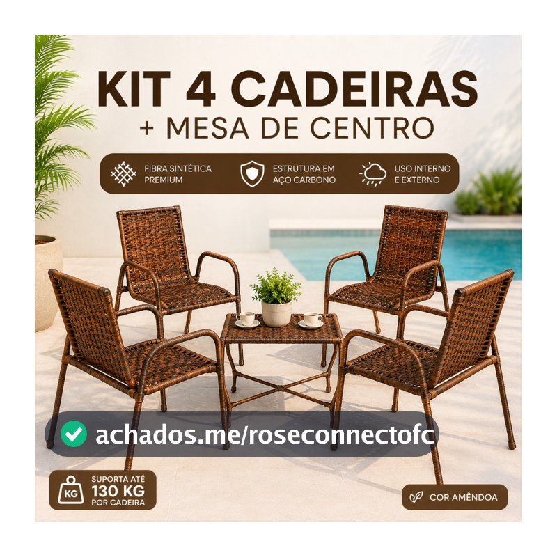 Kit 4 Cadeiras Junco + Mesinha Sintético para Jardim Piscina Área Externa Sacada Varanda Gourmet