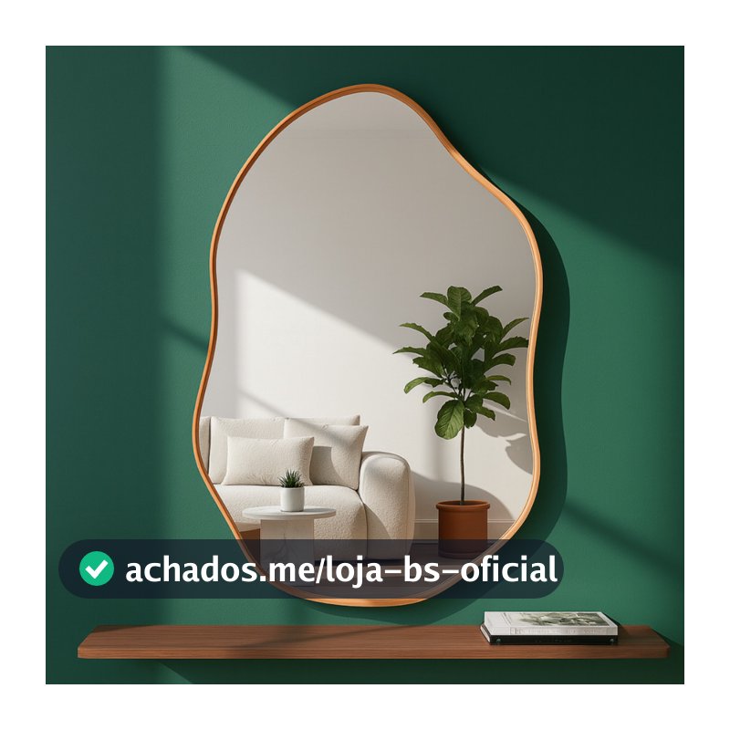 Espelho Orgânico 60x40 Couro Caramelo + Suporte Metálico Decoração Sala Penteadeira Quarto Banheiro