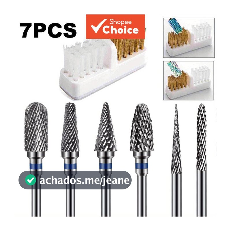 Kit de 7 peças de broca de unhas de carboneto de tungstênio com escova de limpeza (3/32), ferramentas profissionais de