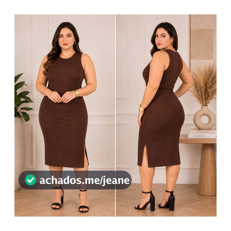 Vestido Feminino Regata com Fenda Lateral Canelado Midi