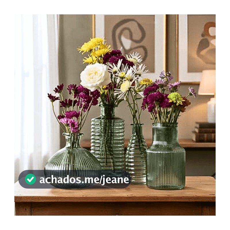 Vasos Verde Oliva Grande Vidro Canelado Elegante Arranjo de Flores