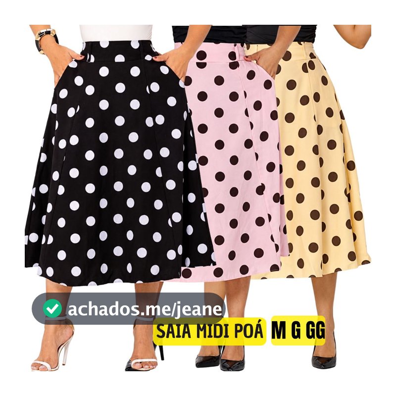 Saia Feminina | Midi Elegante Poá de Bolinha Rodada Cintura Alta Anos 60 Retrô Vintage M G GG