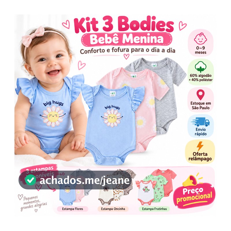 Conjunto 3 Bodies Bebê Menina Manga Curta Floral Babado Estampado Roupa Recém-Nascida 0 a 9 Meses
