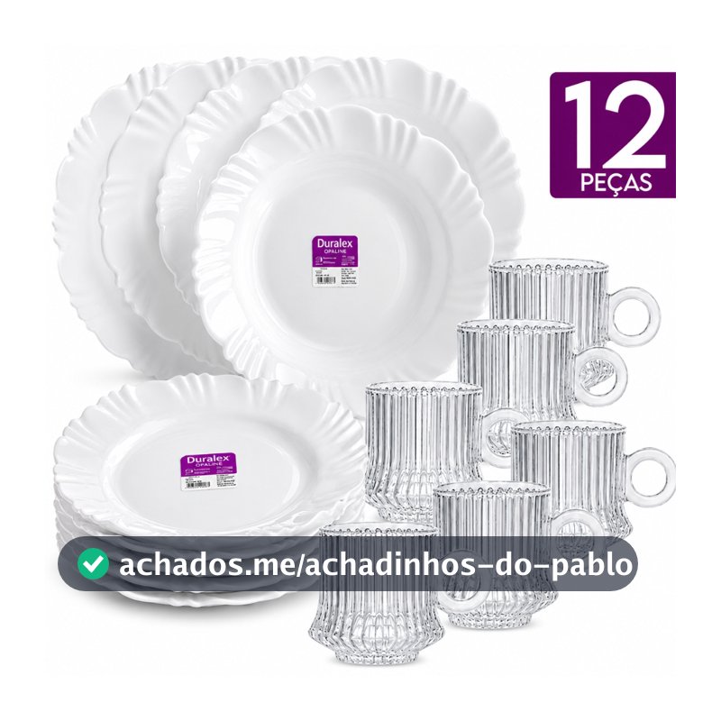 Kit 12 Peças Duralex Opaline 6 Pratos Petala Fundo Vidro Branco e 6 Xícaras Robust Canelada Buffet