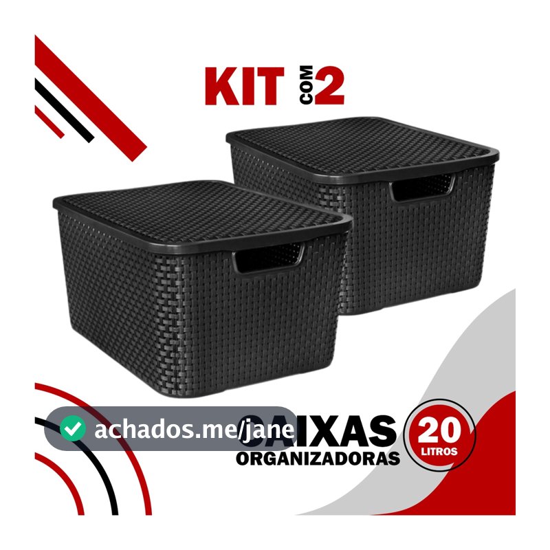 Kit 2 Caixas Organizadoras Rattan 20 Litros Com Tampa  Preta Armário e Brinquedos  Cesto Organizador