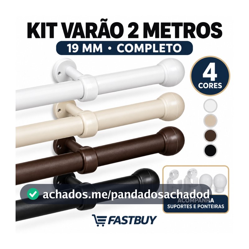 Kit Varão Completo 2,00 Metros de Cortina Resistente 19mm Várias Cores Envio Imedito