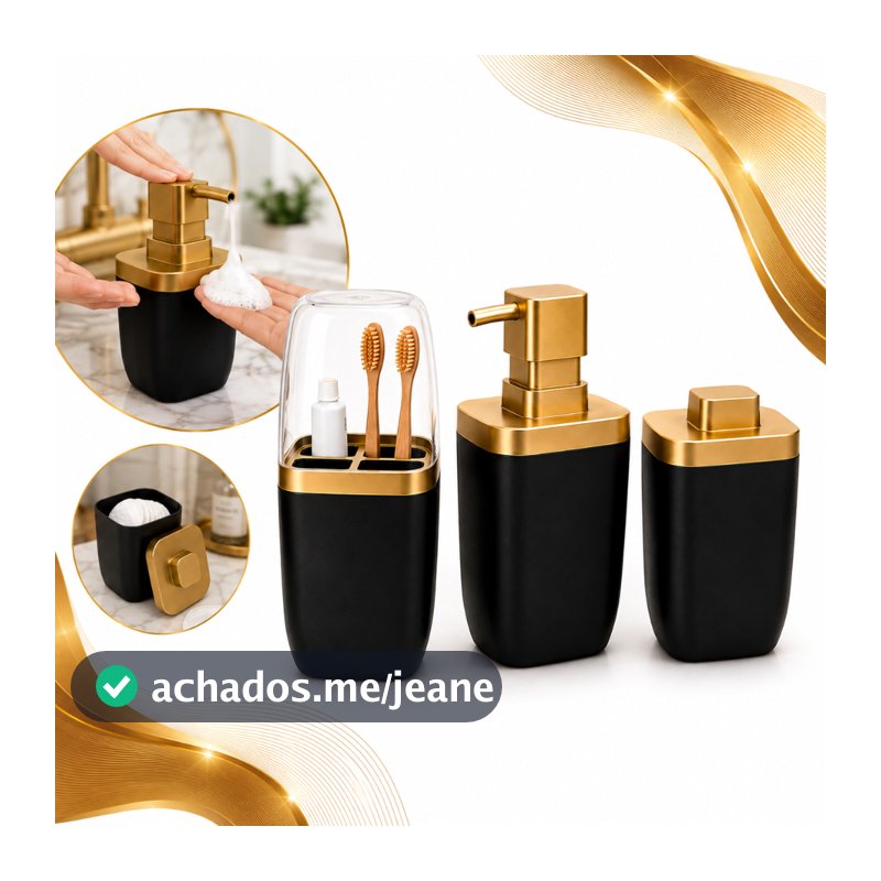 Kit Banheiro Lavabo 3 Peças Premium Porta Escova Dentes Dispenser Sabonete Liquido Porta Algodão
