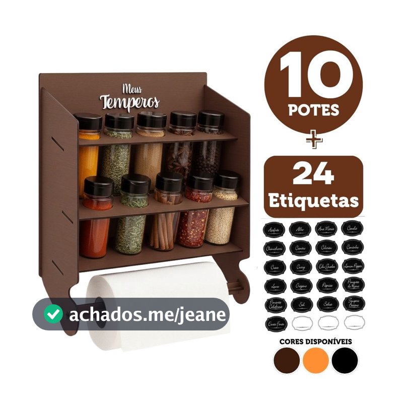 Porta Condimentos 10 Potes + 24 Etiquetas De Temperos + Suporte Papel Toalha Prateleira Para Cozinha