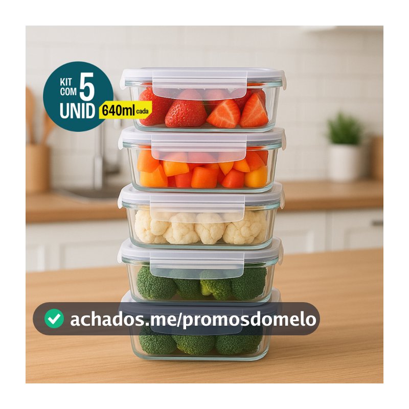 Kit 5 Potes De Vidro Hermético 640ml 4 Travas Livre De BPA Marmita Freezer Microondas