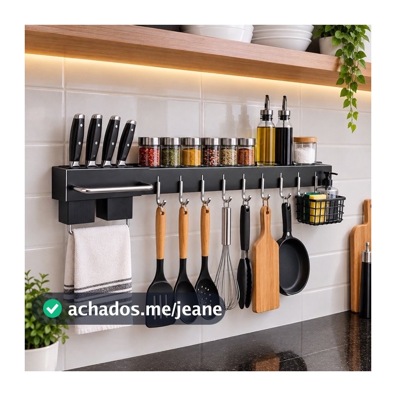 Prateleira Organizadora de Cozinha 50cm Multifuncional com Ganchos, Cestos, Porta tempero,  Facas e Utensílios