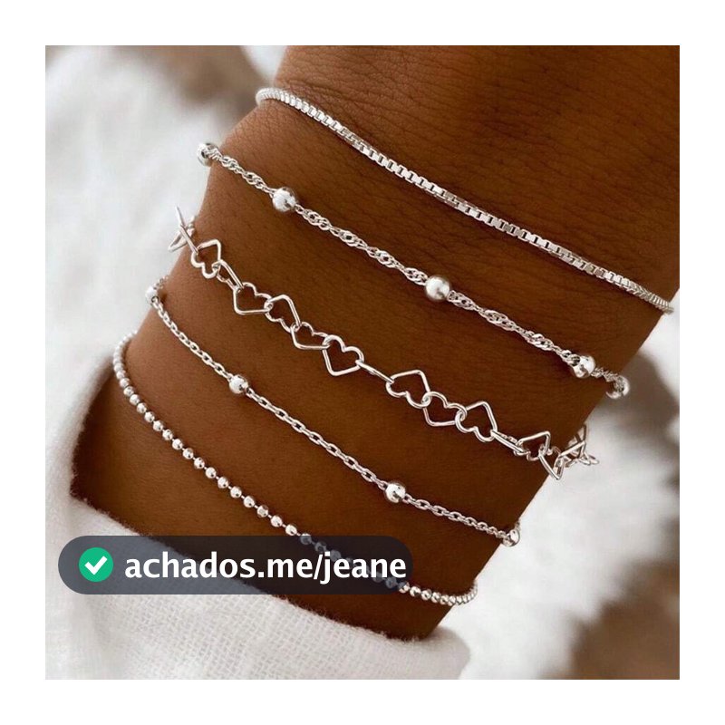 Conjunto Kit 5 Pulseiras Femininas Coração Veneziana Corrente Ajustável Tornozeleiras Bracelete Camadas