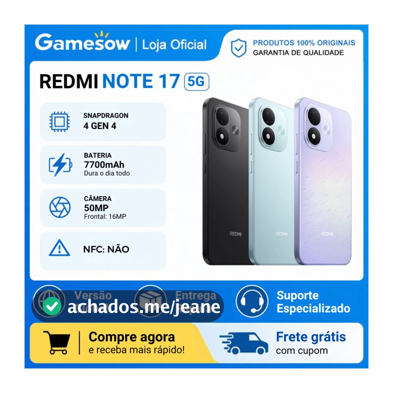 Xiaomi Redmi Note 17 5G, Versão Global, Snapdragon® 4 Gen 4, Bateria 7700 mAh, 128/256GB + 6GB RAM