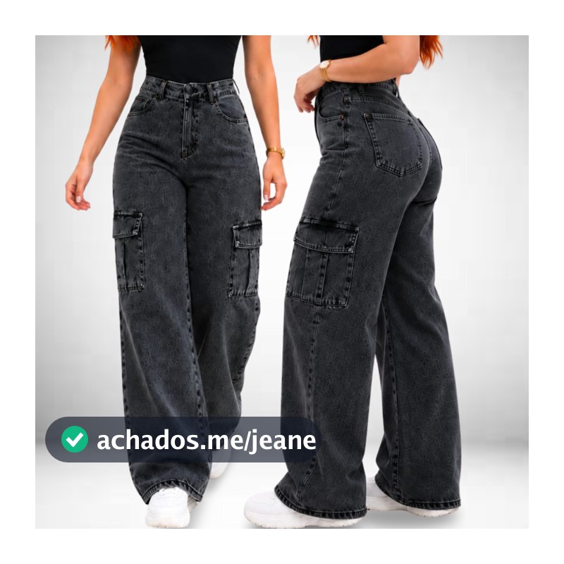 Calça Jeans Feminina Cargo Wide Leg Marmorizada Preta Pantalona Larga - Cintura Alta Premium