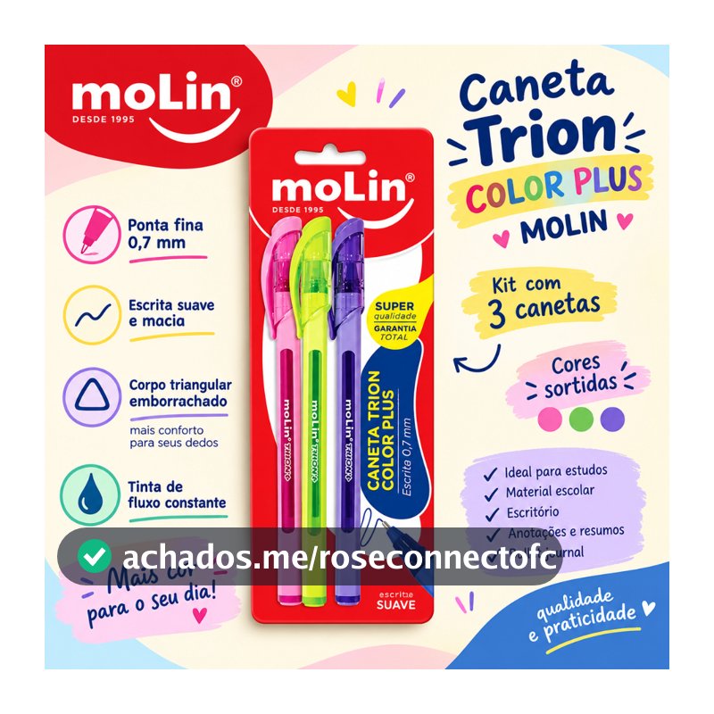 Kit 3 Canetas Esferográficas Trion Color Plus Molin 0.7mm Escrita Suave Coloridas Material Escolar