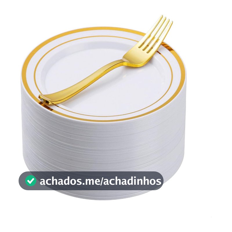 Kit 100 Peças, descartáveis pratos de sobremesa de ouro com garfos de plástico Set, Conjunto de Festas 50Convidados