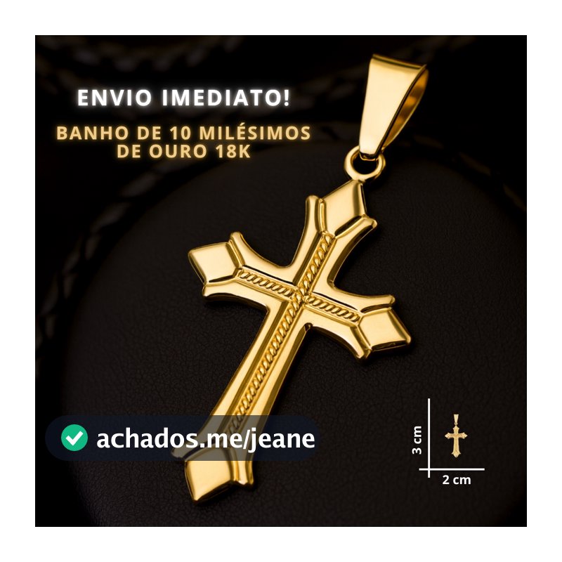 Pingente Cruz Religiosa Banhado a Ouro 18K Masculino | Crucifixo Luxo Estilo Cristão Semijoia Corda