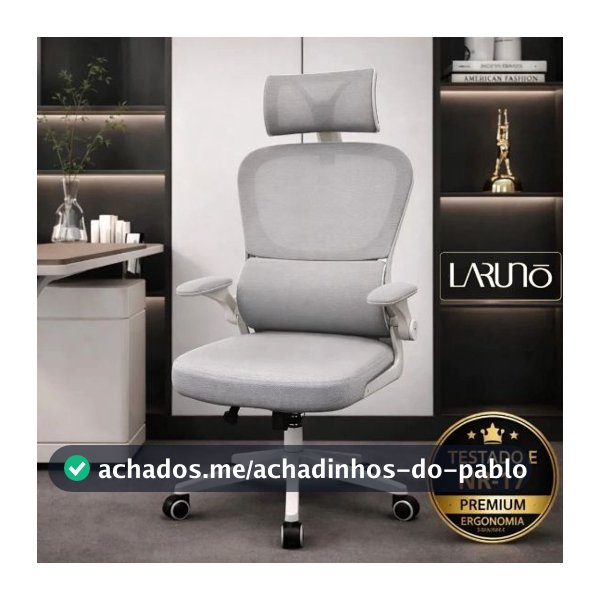 Cadeira de Escritório Ergonômica cinza Giratória com Apoio Lombar e Braços Ajustáveis - LARUNO