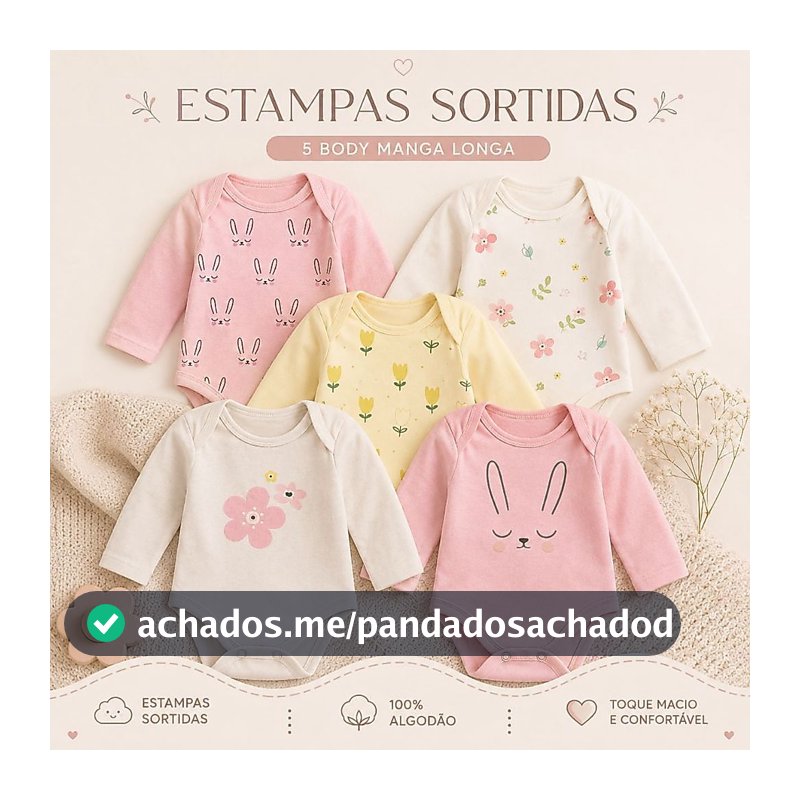 Kit 5 Peças Body Manga Longa Estampado Enxoval Roupa de Bebê