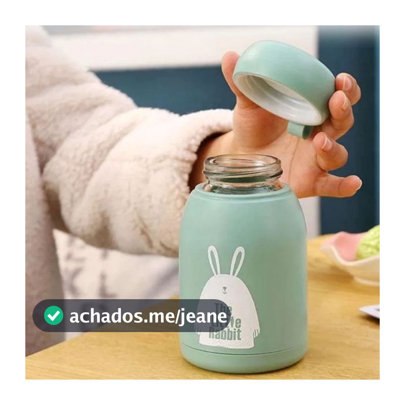 Garrafinha Vidro 320ml Infantil Coelho Rabbit Silicone Proteção Tampa Rosqueável Resistente