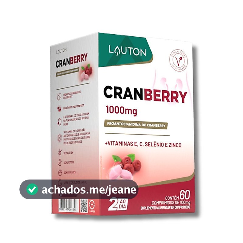 Cranberry 1000mg com Vitaminas E, C, Zinco e Selênio Vegano Premium Lauton - 60 comprimidos