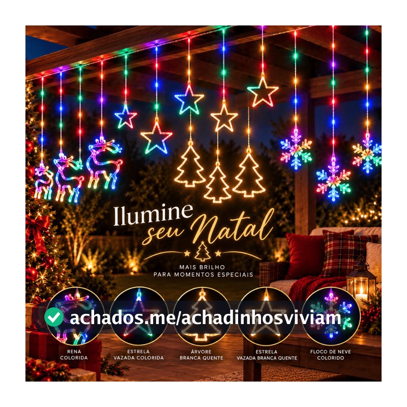 Cascata LED Pisca-pisca para Decoração Natalina Estrela Flocos de Neve Rena Natal