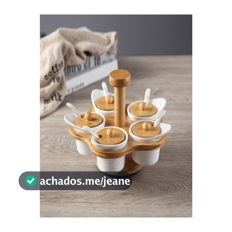 Porta condimentos giratória com 5 potes com colher de bambu