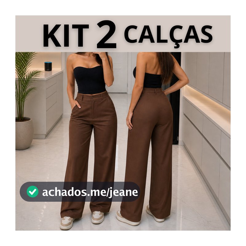 Kit 2 Calças Pantalona Alfaiataria Feminina Cintura Alta Bolso Lateral Botão Frontal Wide Leg
