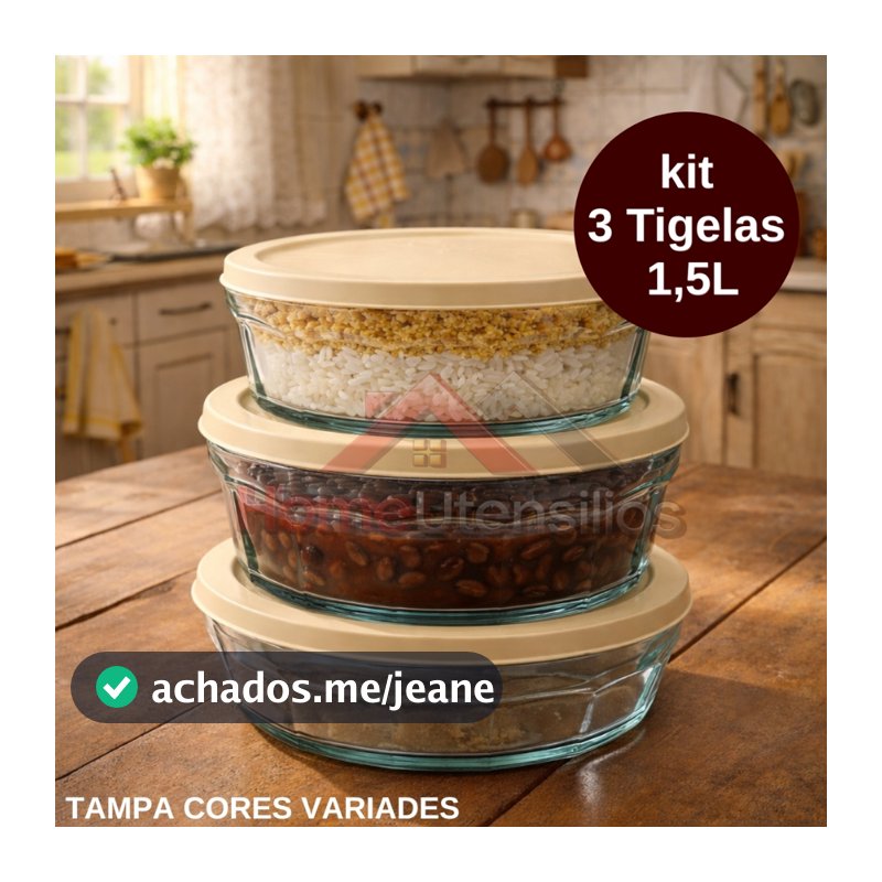Kit 3 Potes Tigela De Vidro Saladeira Com Tampa Plastica 1,5 Litros 20CM