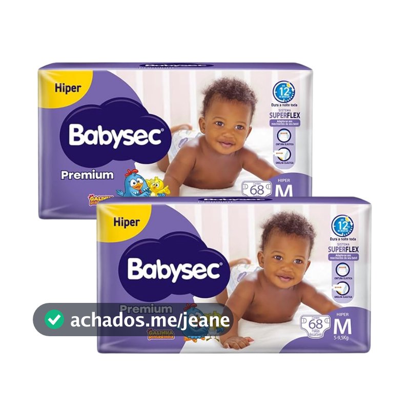 2 Pacotes de Fralda Infantil  BabySec Premium Hiper M Galinha Pintadinha 68un Cada - Conforto e Alta Absorção