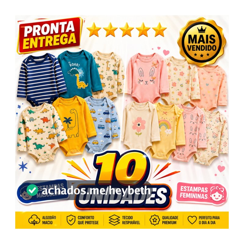 Kit 10 Peças Roupinha Enxoval de Bebê Infantil Body Manga Longa Estampado