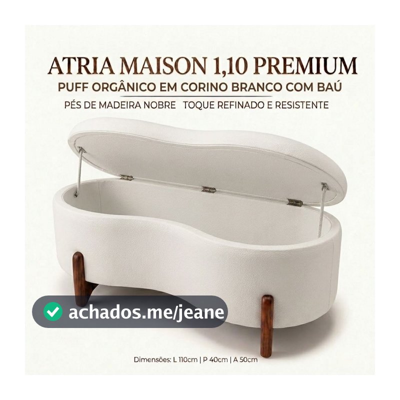 Puff Baú Atria Maison 1,10m Premium Corino Branco Banco Decorativo Organizador