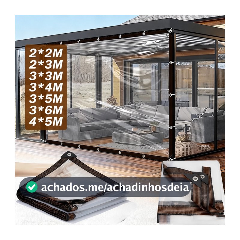 Lona transparente de PVC reforçada, impermeável e multifuncional, para varandas, garagens, janelas e portas.
