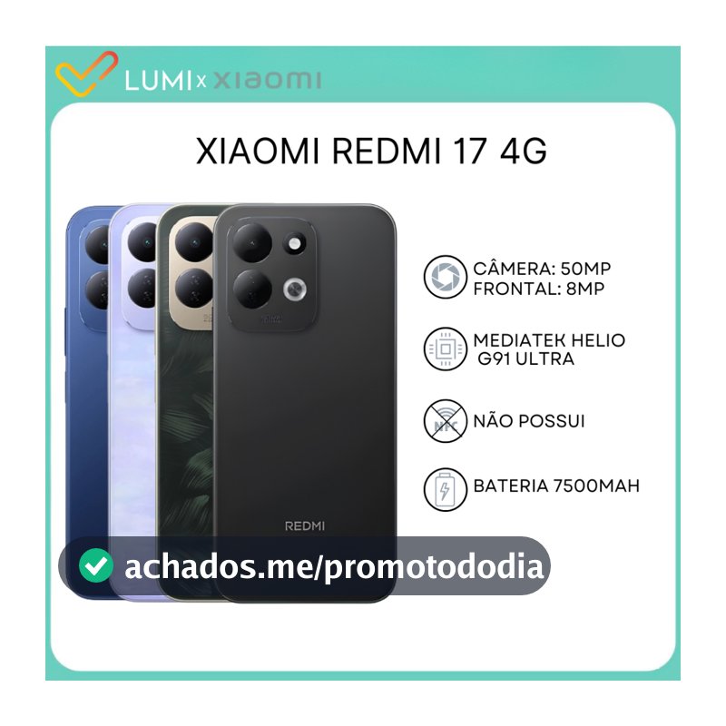 Xiaomi Redmi 17 4G, Versão global,128/256GB com 4/6GB RAM Processador MediaTek Hélio G91 Ultra, Bateria 7500mAh