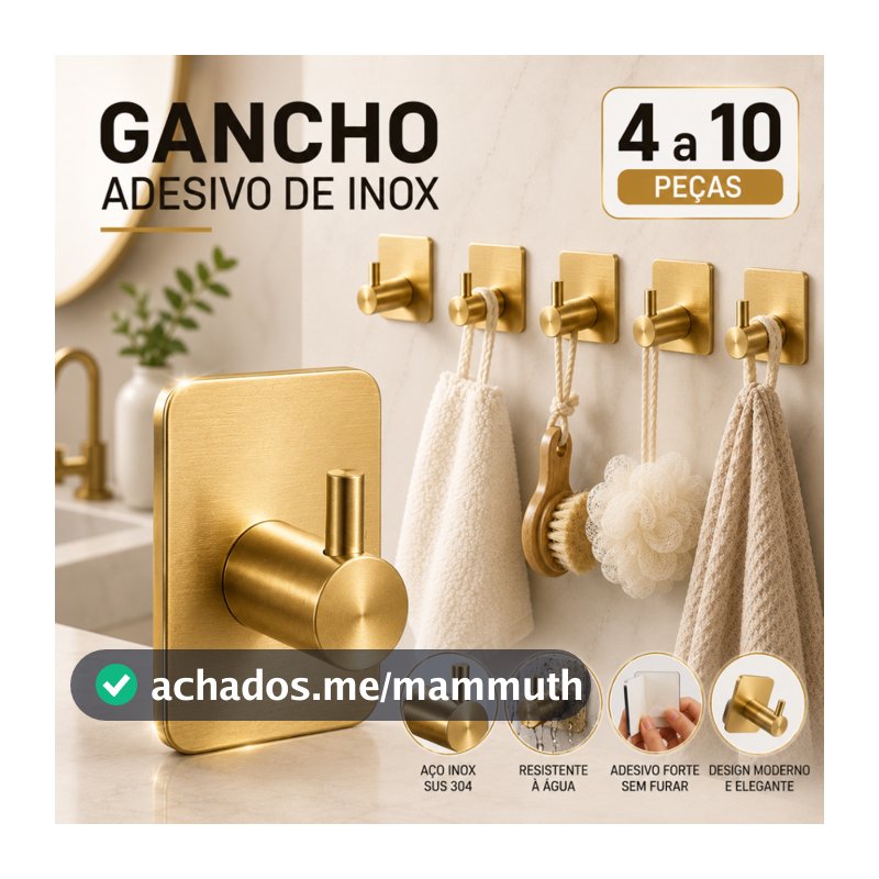 Kit Gancho Parede Adesivo Inox 304 Sem Furo Forte 5 Kg Banheiro Cozinha Toalha Roupa e Multiuso Casa