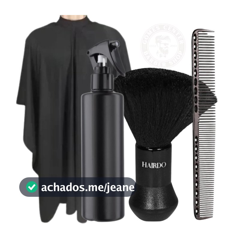 Kit Barbeiro Profissional Completo – Capa de Corte + Borrifador Liso+ Espanador Macio Bolinha+ Pente Carbono