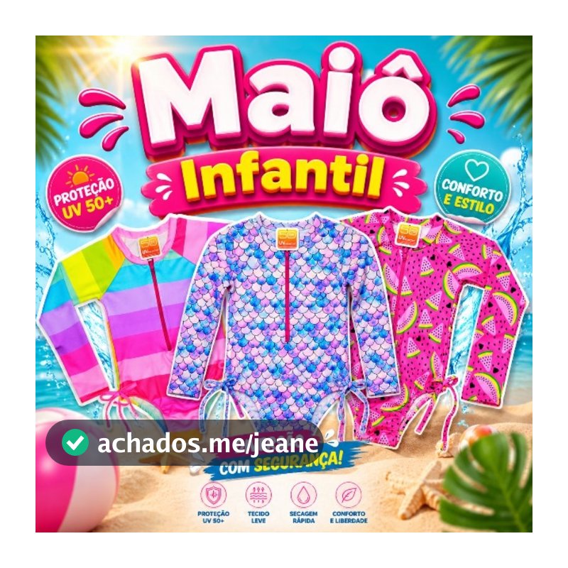 Maiô Manga Longa Infantil Juvenil com Ziper - Biquini Infantil UV