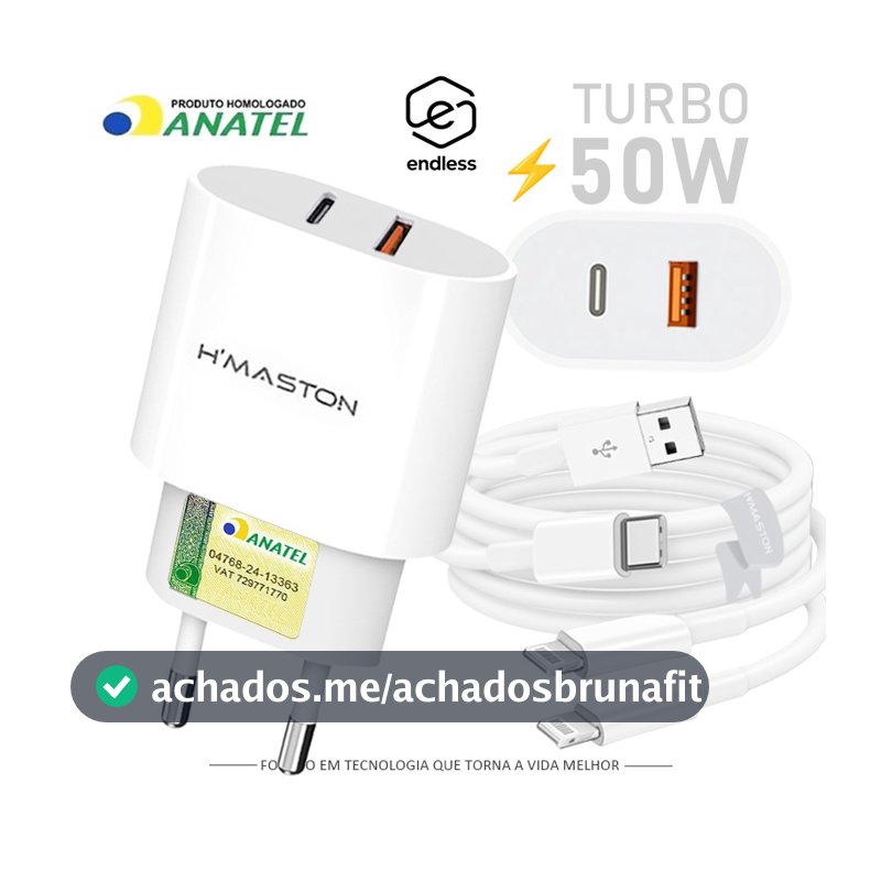 Carregador Turbo 2 Saídas Fonte 50W 2 Entradas USB e USB-C com Cabo Lightning Ultra Rápido