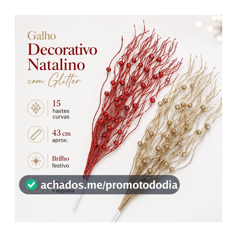 Kit 10 Galho Natalino Vermelho 15 Ramos com Laço, Bolas e Frutas, Enfeite para Árvore de Natal, Guirlanda e Arranjos