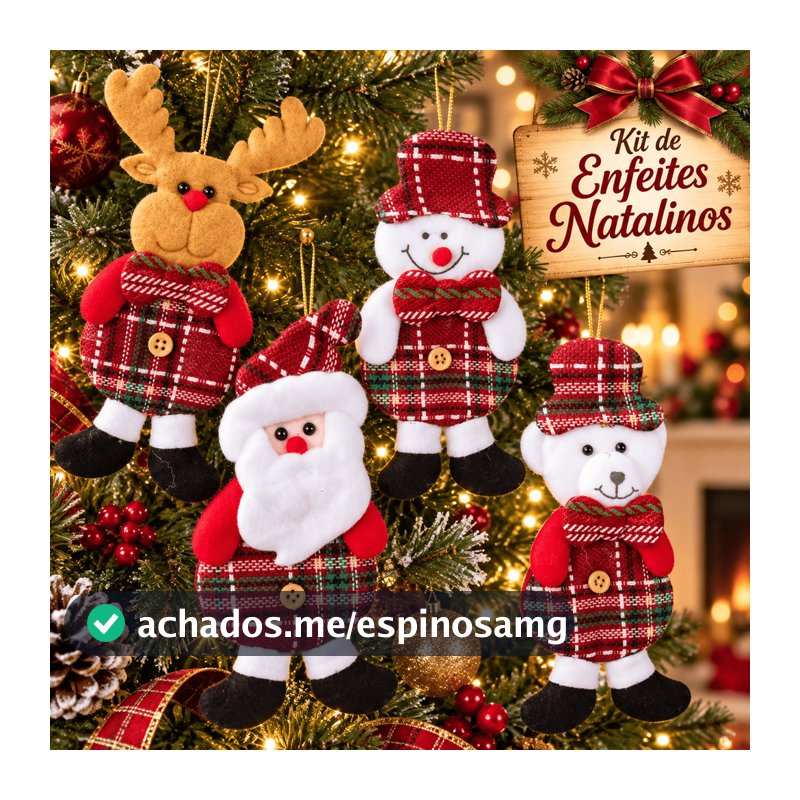 Kit Enfeite de Natal Pelúcia 13cm 12 Peças para Pendurar na Árvore Papai Noel Alce Urso Boneco de Neve