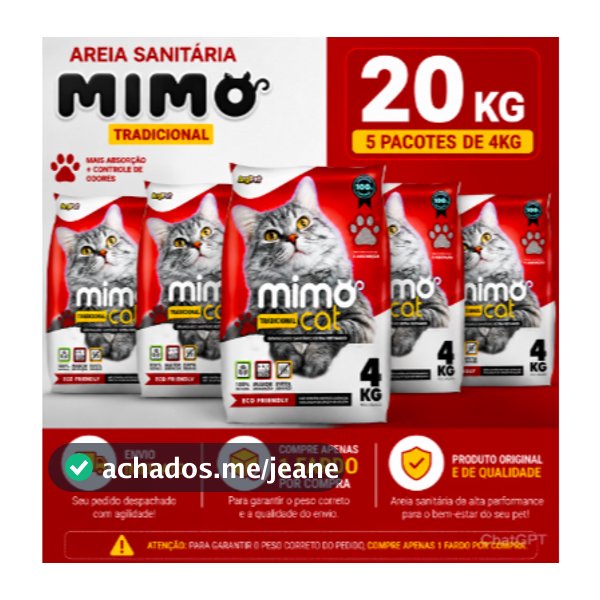 Kit 5 Areia Sanitária Higiênica Argila Natural para Gatos Grãos Médios Tradicional 20 kg Mimo Cat