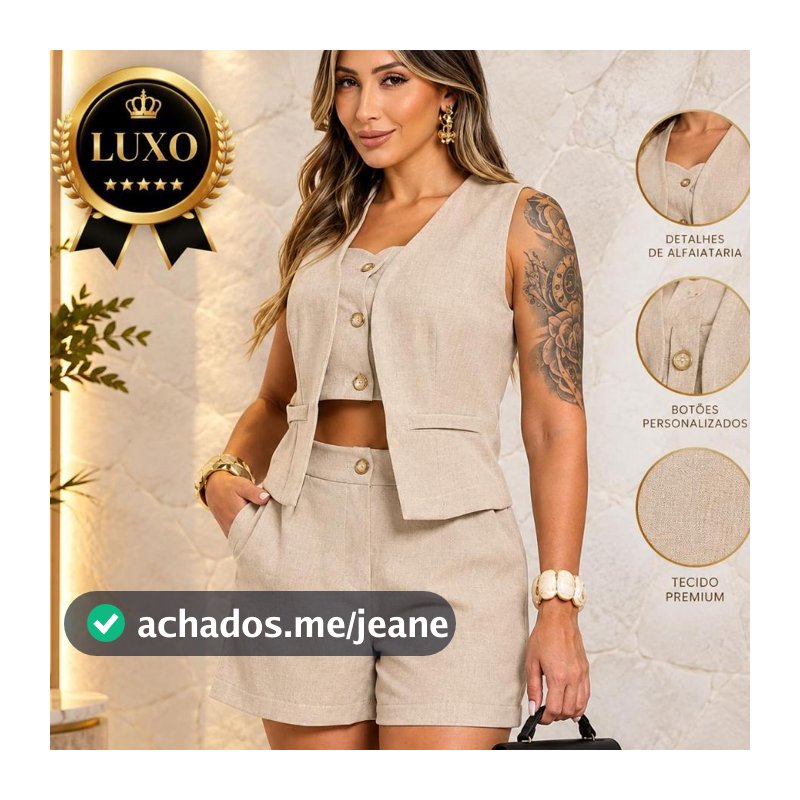 Conjunto Alfaiataria Short + Colete Cropped Embutido Formal Casual Social