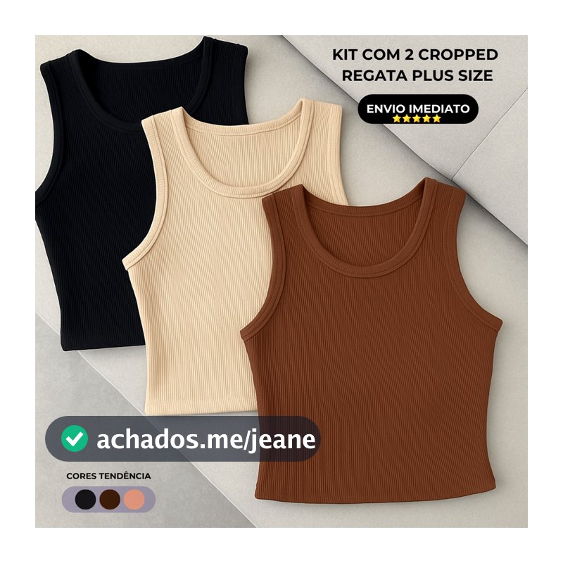 Kit 2 Blusa Feminina Plus Size Cropped Regata Ribana Estilosa